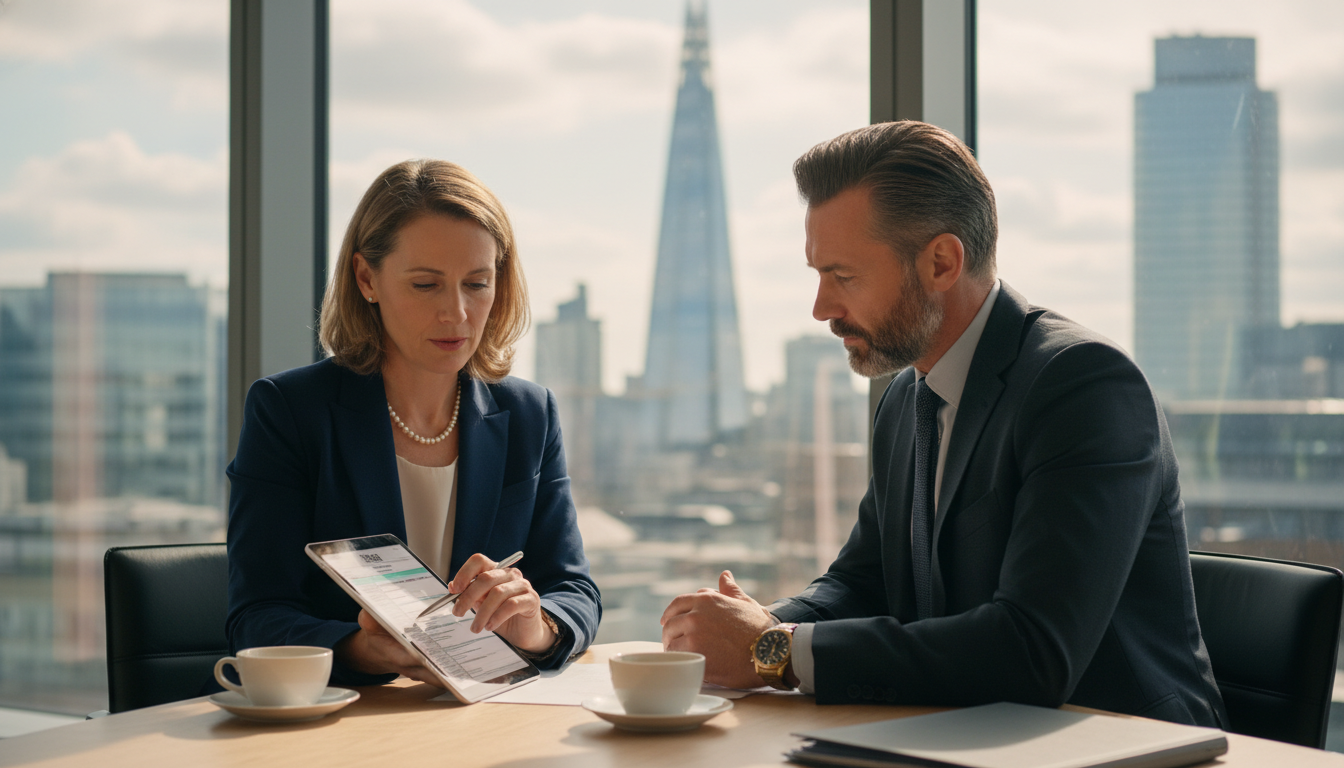 A professional financial advisor sitting across a desk from an expatriate business owner in a modern London office, reviewing tax documents on a tablet, photorealistic, high resolution, soft natural lighting.