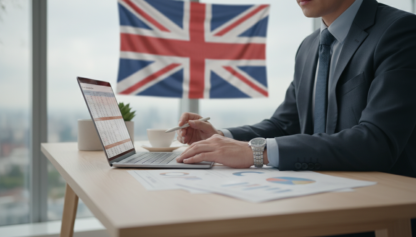 A professional business person sitting at a modern desk with a laptop, reviewing documents with a subtle UK flag in the background, photorealistic, 8k resolution