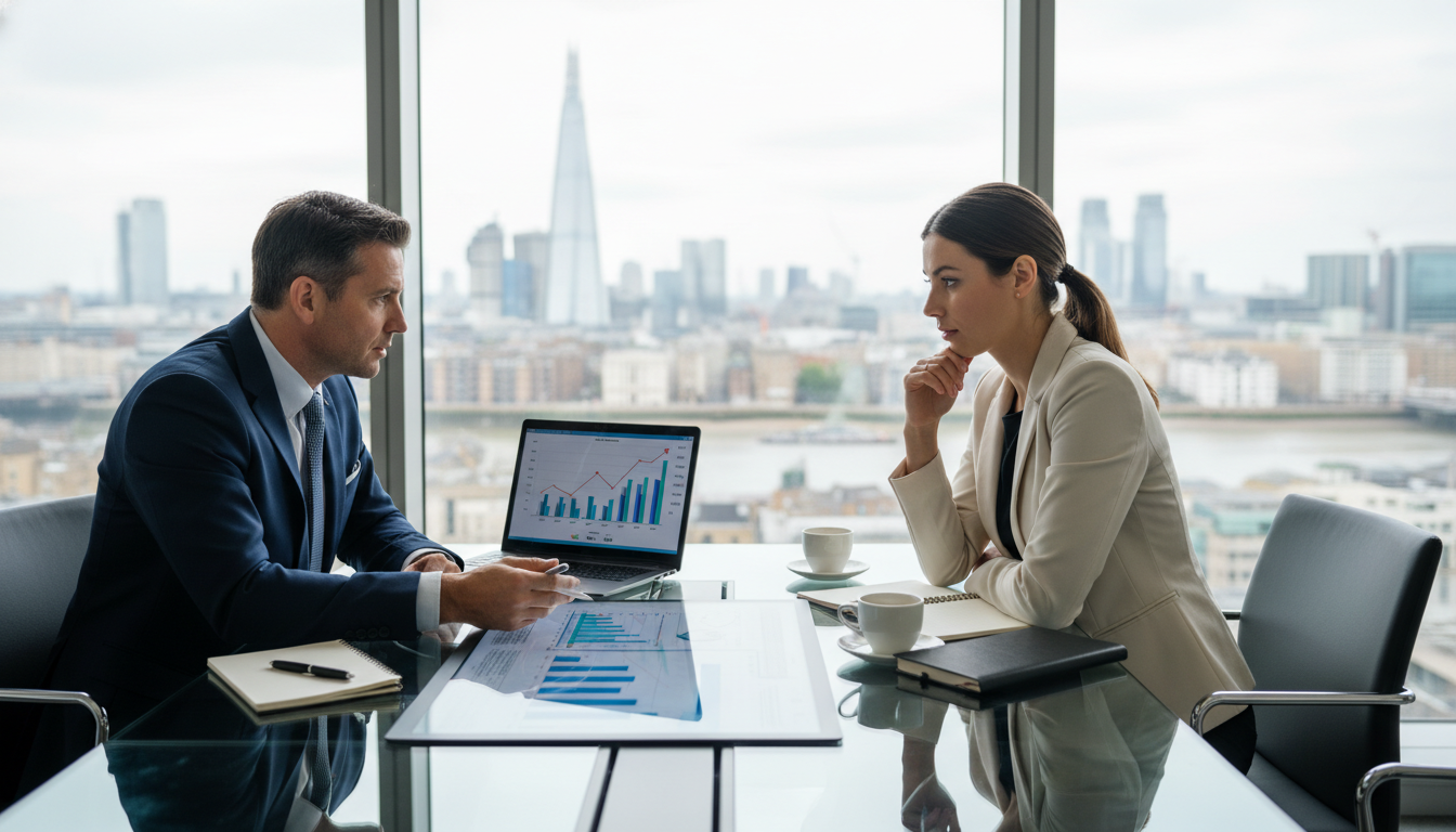 A photorealistic image of a professional business consultant in a sleek modern London office discussing corporate strategy over financial charts and a laptop with an expatriate entrepreneur, natural daylight.