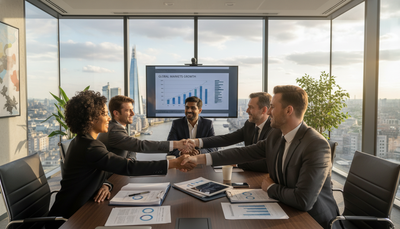 A photorealistic image of a professional business meeting in a modern London glass office overlooking the River Thames, with diverse executives shaking hands over investment documents.