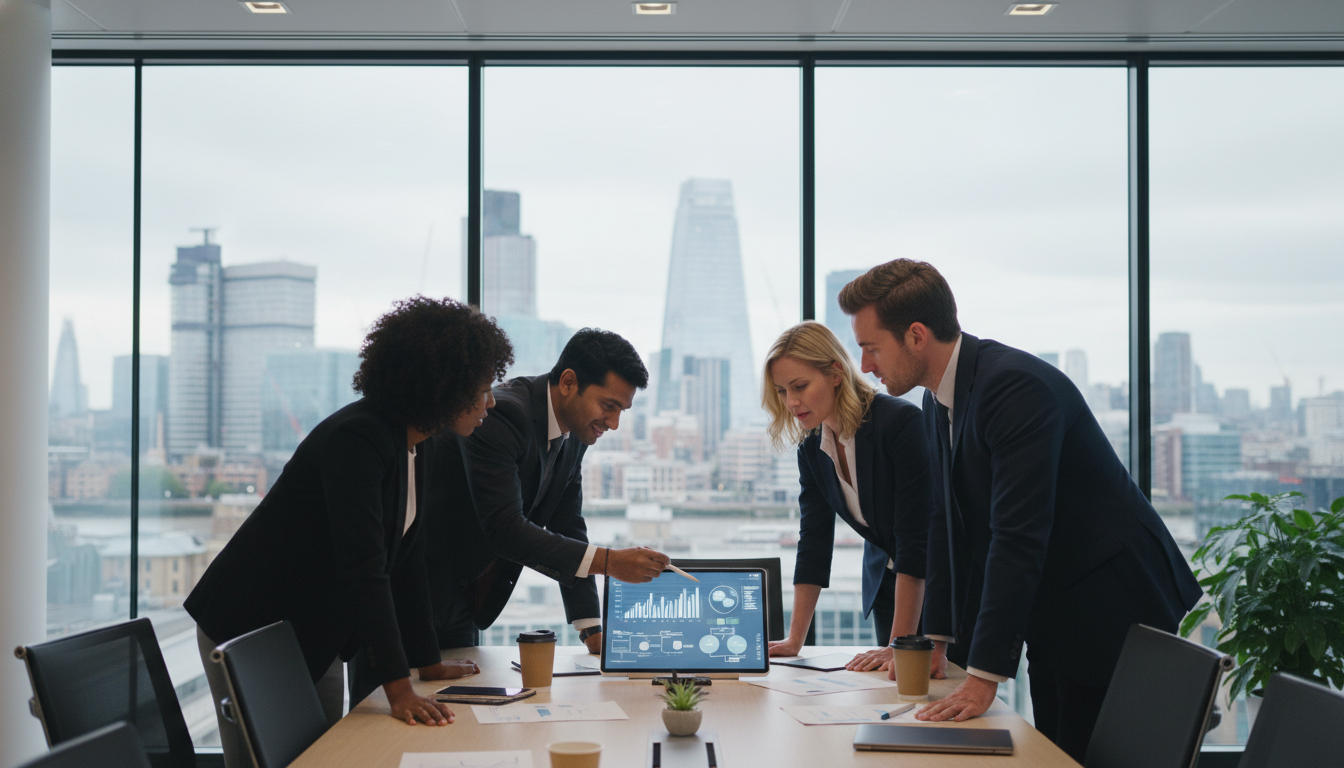 Photorealistic image of a diverse group of professional expats in a modern glass-walled boardroom in London, discussing business strategies over a digital tablet, with the city skyline visible in the background.