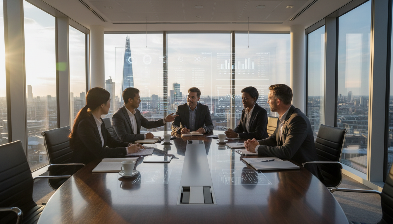 A professional corporate meeting in a modern London glass office, showing a diverse team of financial advisors helping an expat client, photorealistic, 8k resolution, cinematic lighting