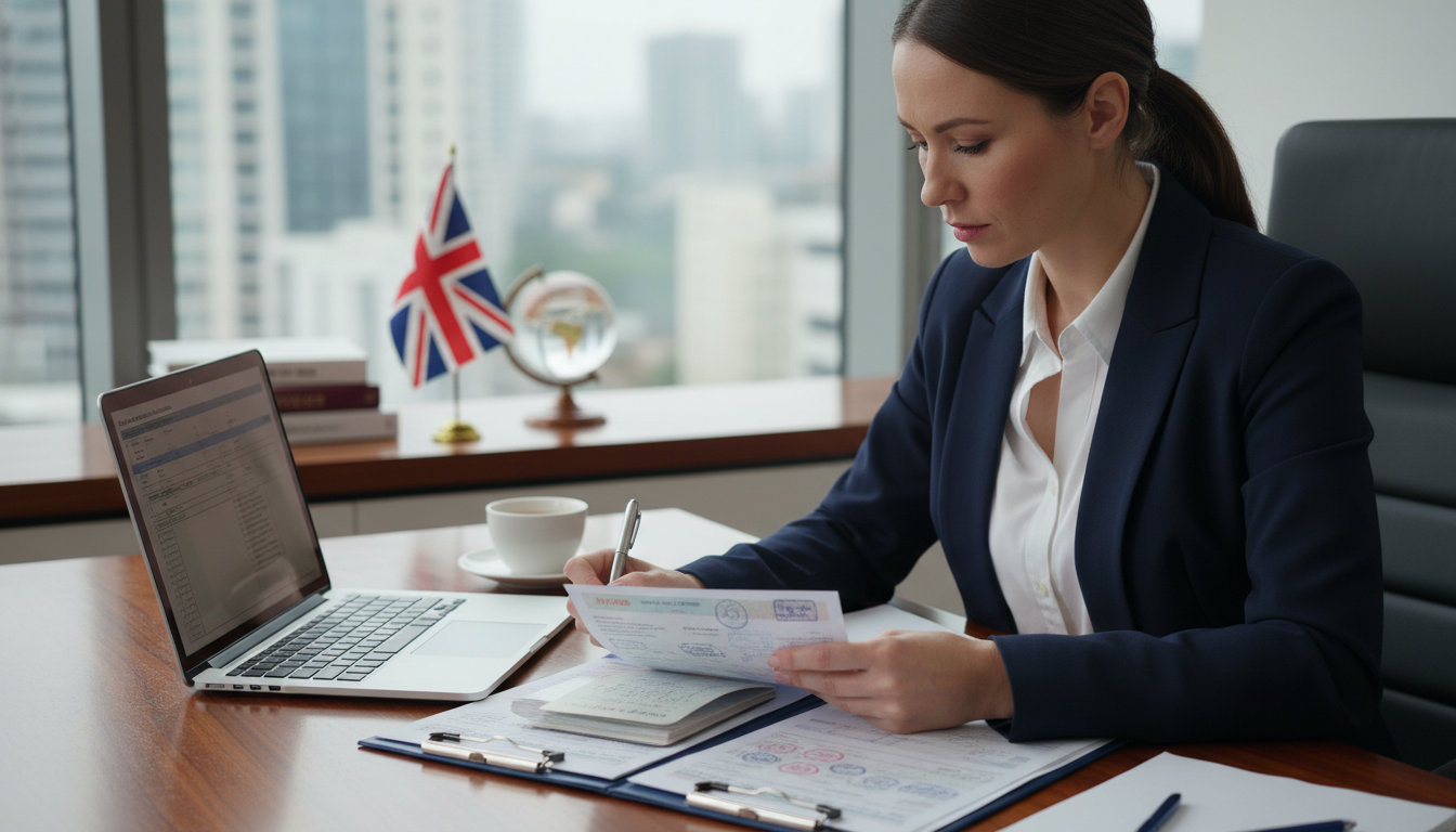 A photorealistic image of a professional expatriate business person reviewing official travel documents at a sleek modern desk, with a subtle Union Jack flag and an open laptop in the softly blurred background