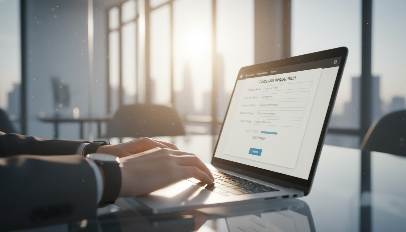 A close-up of hands typing on a laptop keyboard filling out a digital corporate registration form, modern glass office setting, bright natural lighting, photorealistic