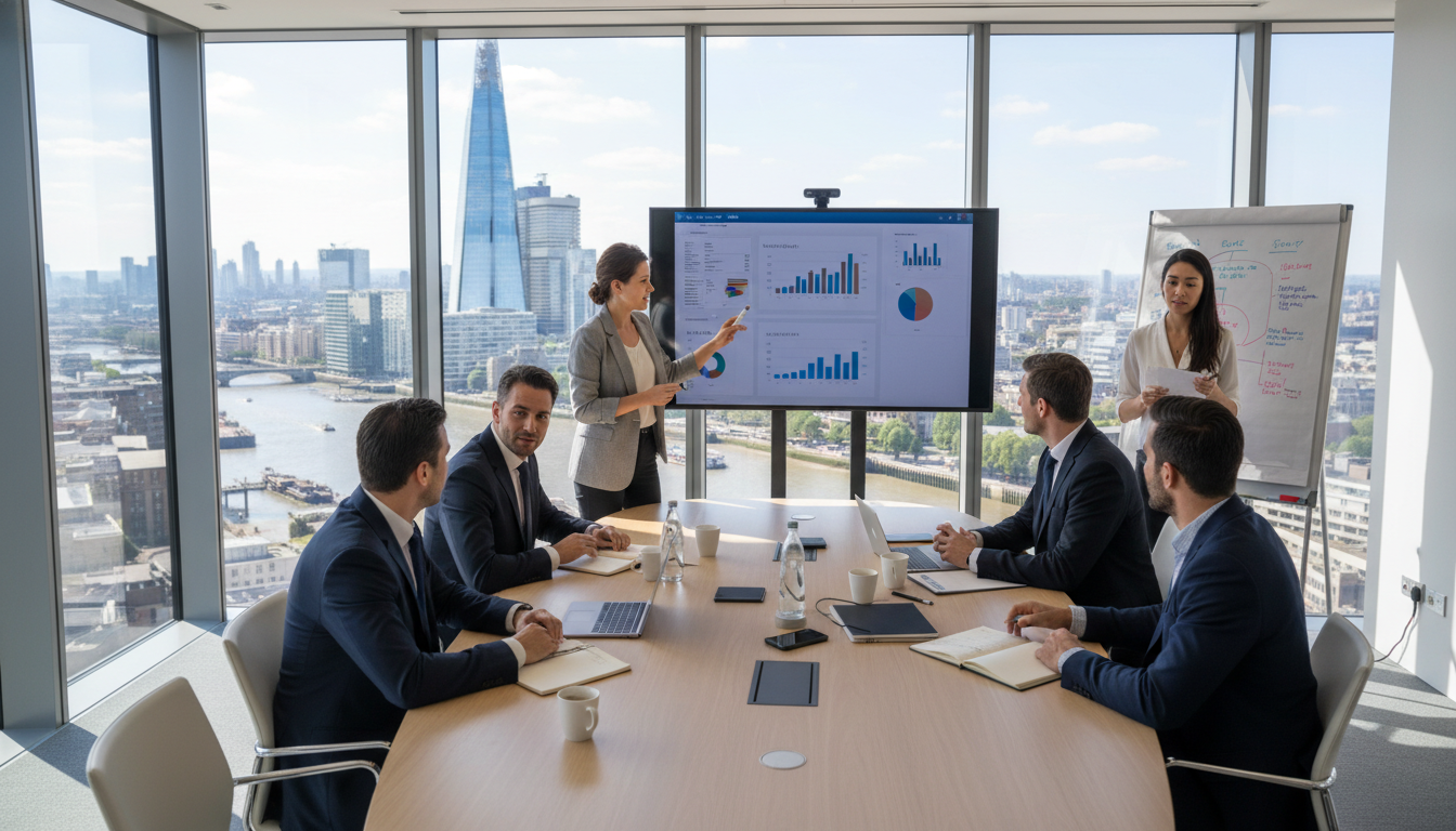 A photorealistic image of a collaborative business meeting taking place in a modern glass-walled boardroom with a clear, sunny view of the iconic London skyline, featuring the Shard and the River Thames in the background.
