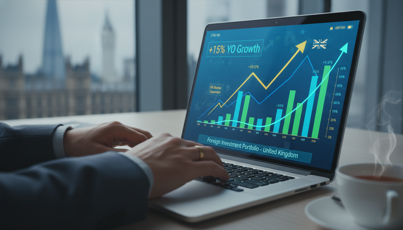 A photorealistic close-up of a foreign investor's hands typing on a laptop and reviewing glowing financial charts and graphs indicating business growth in the UK market.