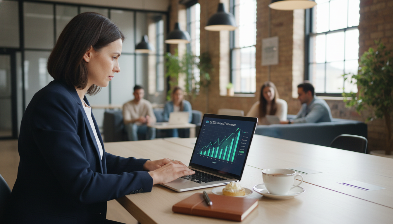 Photorealistic image of an entrepreneur working on a laptop in a bright, modern UK co-working space, analyzing financial growth charts, with a cup of traditional English tea on the desk.