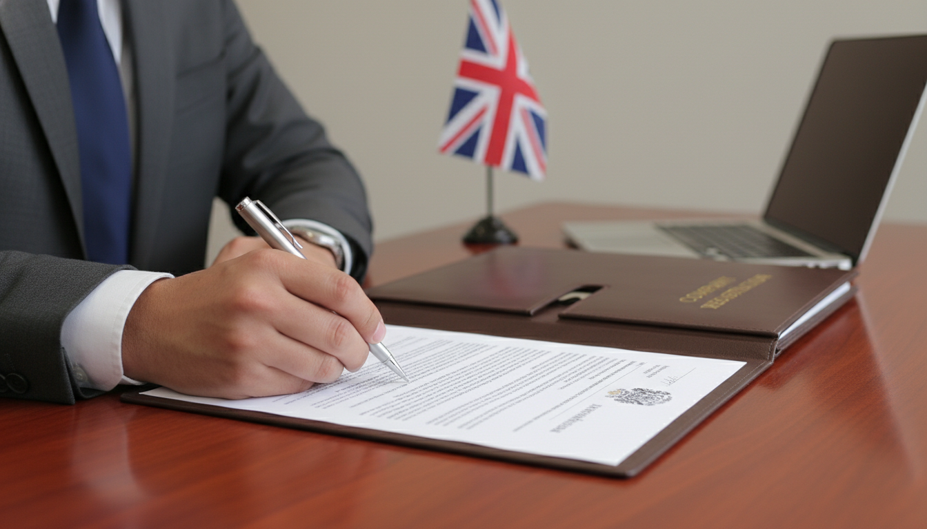 A close-up of a businessman signing official company registration documents on a sleek mahogany desk, with a miniature UK flag and a modern laptop in the background, highly detailed, photorealistic