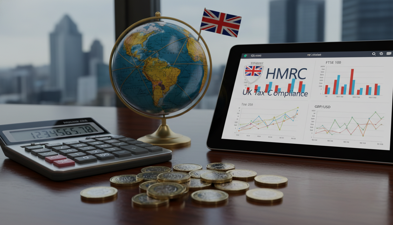 A close up of a desk with British pound coins, a calculator, financial charts, and a stylized globe, representing international business and UK tax compliance, photorealistic, sharp focus, professional corporate aesthetic.