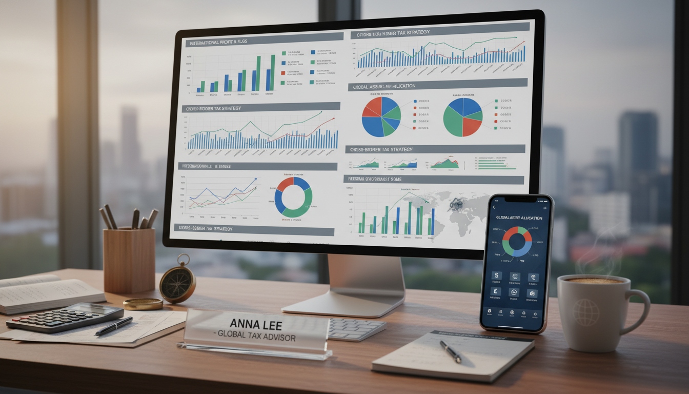A neatly organized office desk showing financial charts, a modern smartphone displaying a banking app, and a cup of coffee, indicating international business tax planning, photorealistic, cinematic lighting