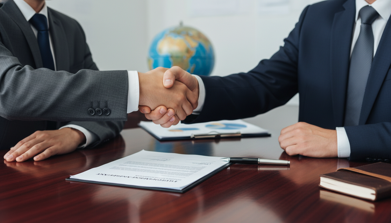 A photorealistic close-up image of two professionals in sharp, elegant business suits firmly shaking hands over a signed corporate contract on a polished dark wood desk, symbolizing a successful and trustworthy international business partnership.