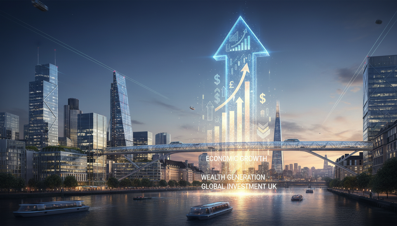 A photorealistic image of a modern smart city in the UK with a glowing upward financial arrow symbolizing economic growth, wealth generation, and successful foreign direct investment into British businesses.