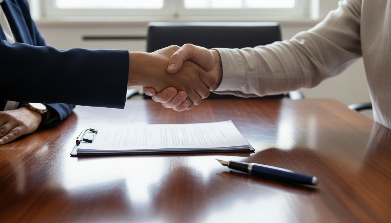 Photorealistic close-up of a diverse handshake between a business investor and an expat entrepreneur, with blurred legal documents and a classic UK fountain pen on a polished wooden table.