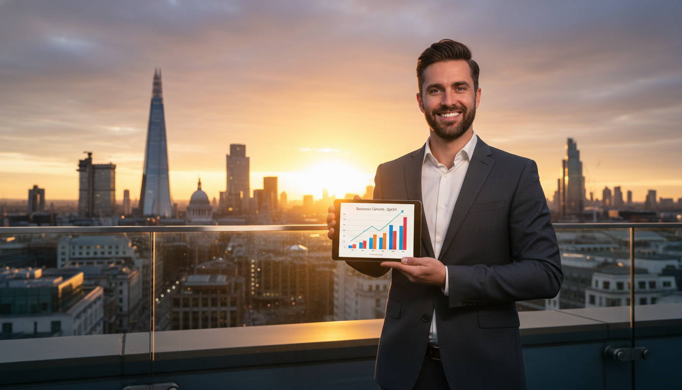 A confident expat entrepreneur standing in front of the iconic London skyline at sunset, holding a tablet displaying business growth charts, photorealistic, ultra-high quality, professional lighting