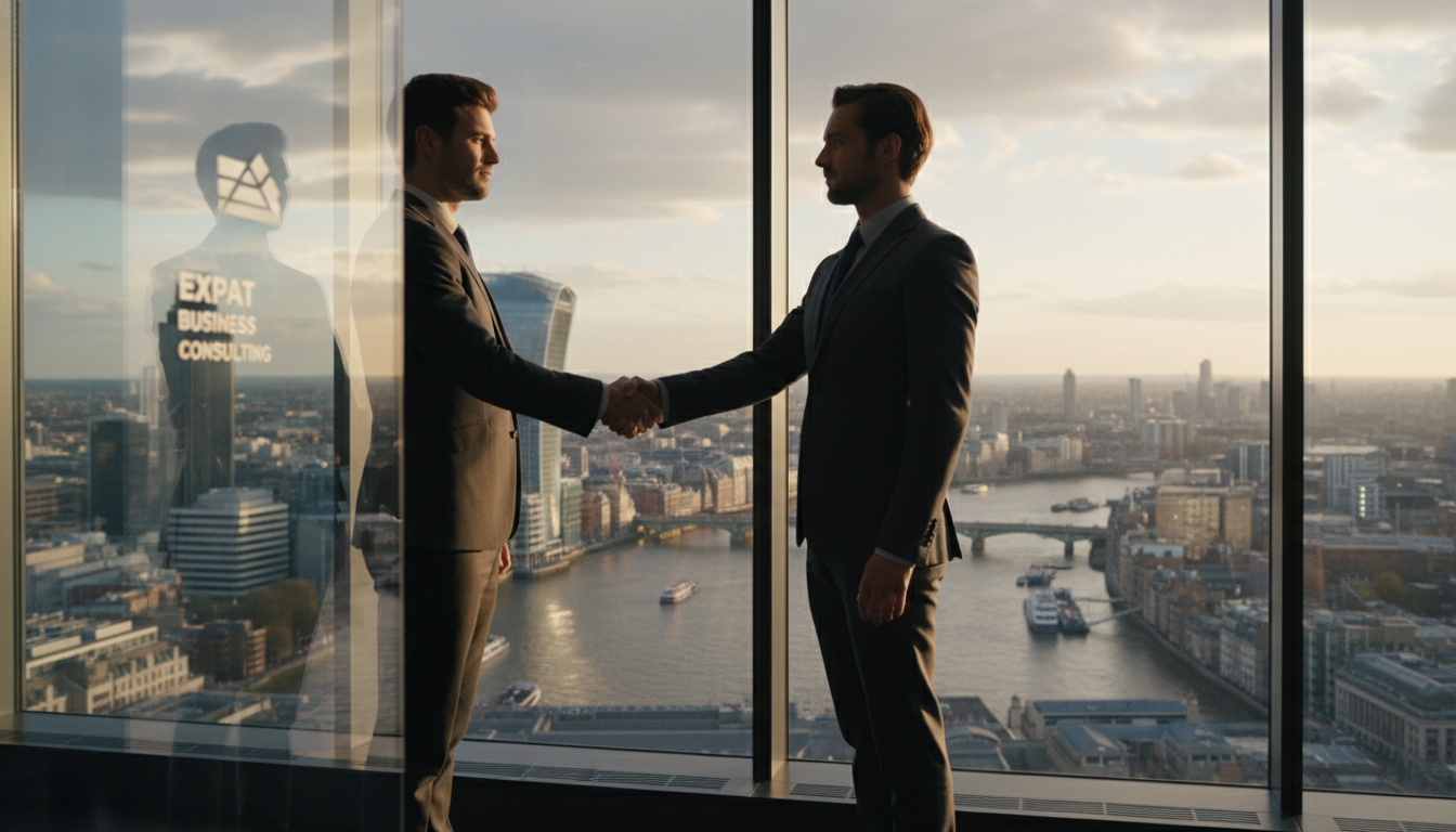 Two business professionals shaking hands in front of a glass window overlooking the London skyline with the Gherkin and River Thames visible, symbolizing successful expat business consulting, photorealistic, cinematic lighting.